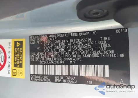 2010 Lexus Rx 350 from USA, damaged, VIN 2T2ZK1BA1AC036148